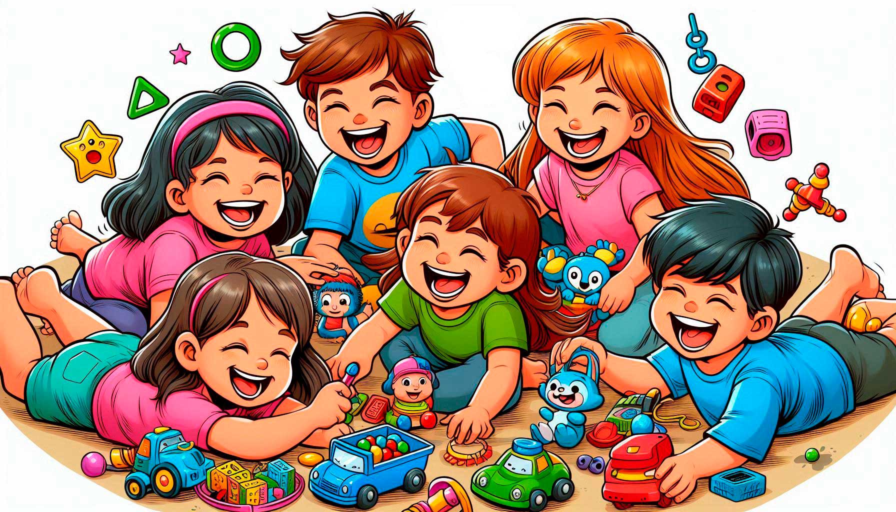 Grupo de niños riendo y jugando con juguetes